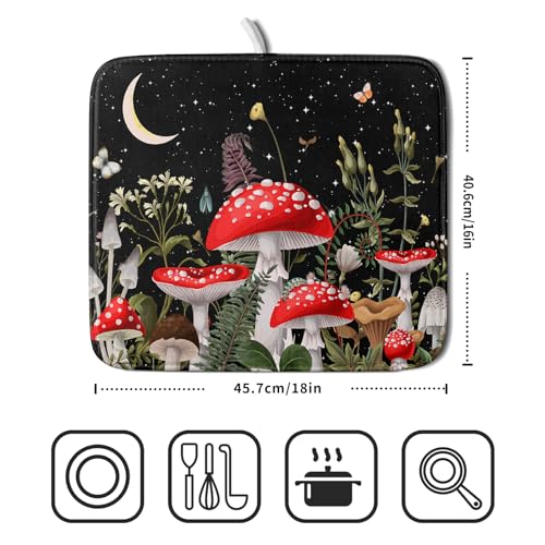 Red Mushroom Dish Drying Mat for Kitchen Counter Plant Leaves Drainer Mats Rack Holder Countertop Absorbent Microfiber Coffee Pads 16x18 Inch (Red Mushroom / 16" x 18")