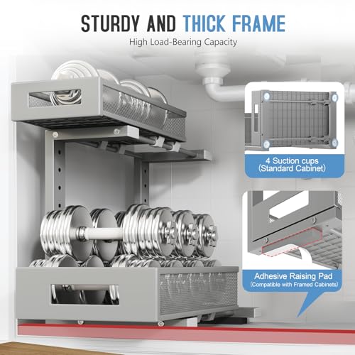 1 Pack-11.4"-16.14" H Under Sink Storage Organizer, Large 2-Tier Elegant Mesh Pull Out Shelf for Kitchen & Bathroom Cabinet Organization, L-Shaped, Adjustable Height-Gun Gray (Gun Gray / 1 Pack-15.74"Dx11.4"-16.14"H)