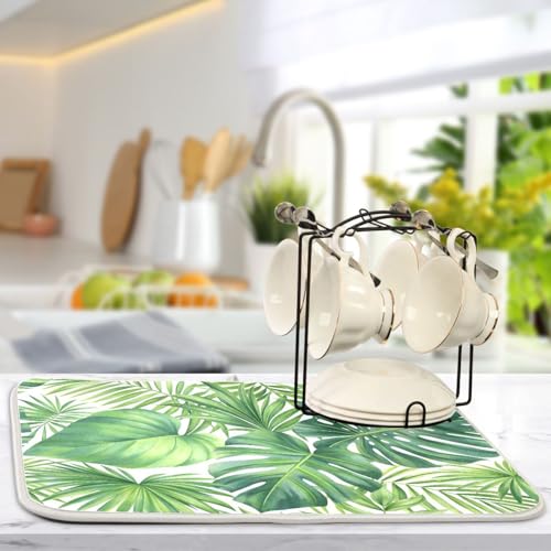 Green Monstera Palm Leaves Dish Drying Mat for Kitchen Counter Absorbent Microfiber Drying Pad (16" x 18")