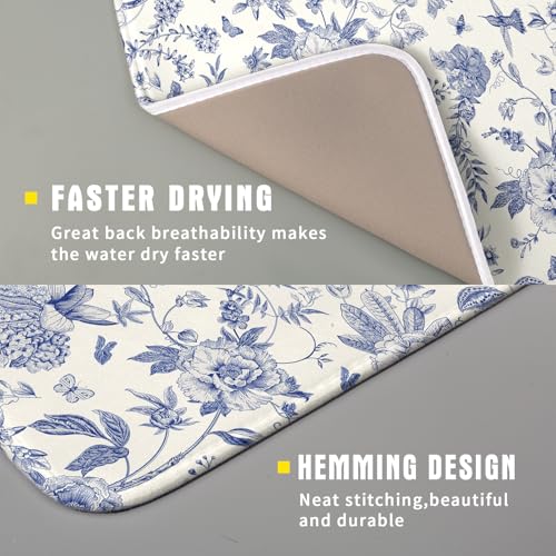 Chinoiserie Flower Dish Drying Mat Blue Leaves Dishes Drying Pad Reusable Washable Kitchen Countertop Protector Dish Drainer Mat 16x18 Inch (Chinoiserie Flower / 16" x 18")