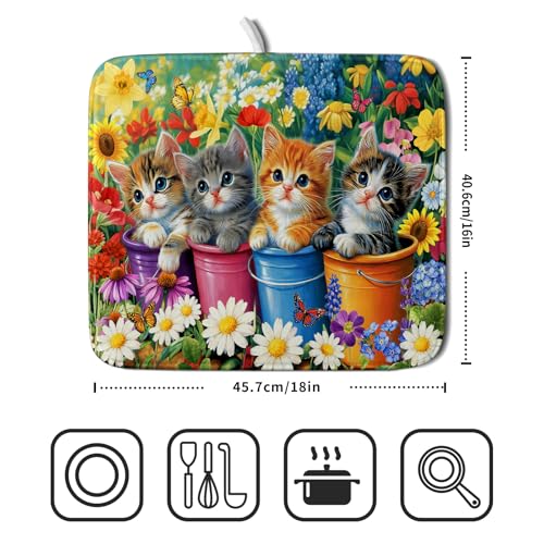 Funny Absorbent Dish Drying Mat Spring Cat Dish Drying Mats for Kitchen Counter Small (colorful Lovely Cat / 18" x 16")