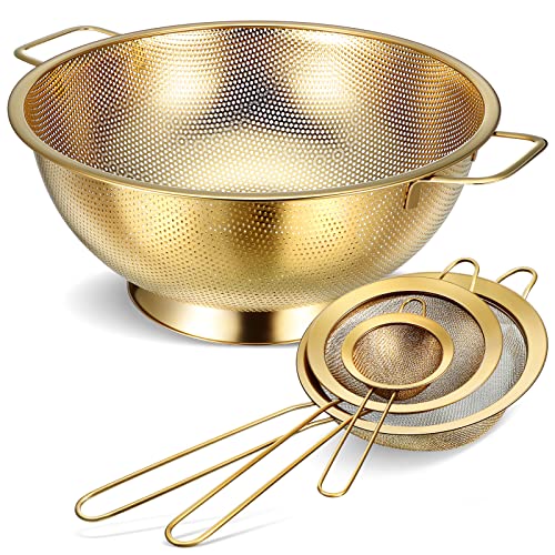 5 Quart Gold Colander and 3 Metal Fine Mesh Strainer Set