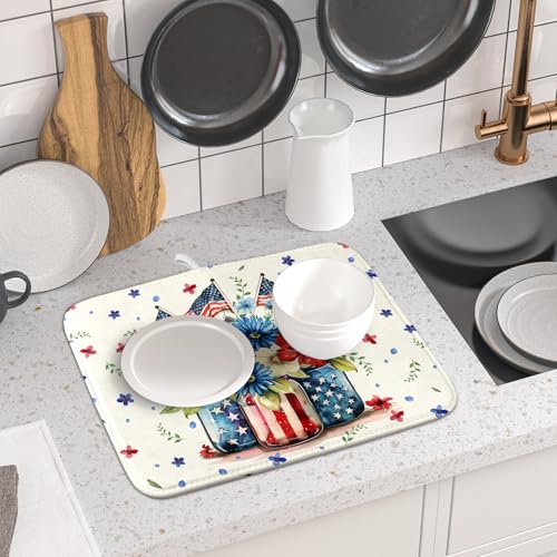 American Patriotic Floral Dish Drying Mat Flower Vase Drainer Rack Mats 16"x18" Absorbent Microfiber Dish Dry Pad for Kitchen Counter Sink (Patriotic Floral Vase / 16" x 18")