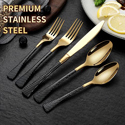Hammered Black Gold Silverware Set for 8 (Black/Gold / 40 Pieces Set)