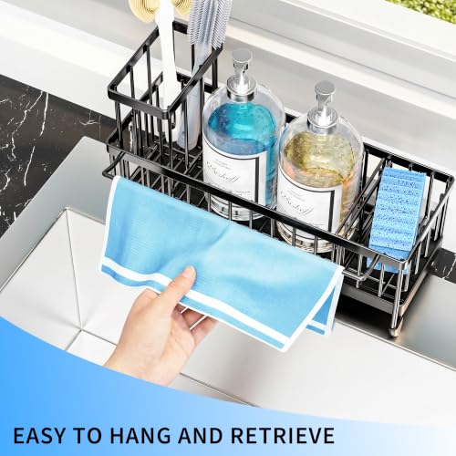 Larger Version Sponge Holder for Kitchen Sink (Black with Towel Rack)