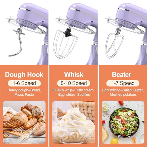 3-IN-1 Electric Stand Mixer, 6.5QT Bowl 660W 10-Speed Kitchen Mixer, Household Food Mixers include Dough Hook, Beater and Whisk, Bread Cake Mixer for Baking and Most Home Cooks, Purple (Purple)