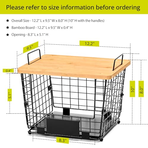2 Set Large Stackable Wire Basket with Bamboo Tops & Tag (L)