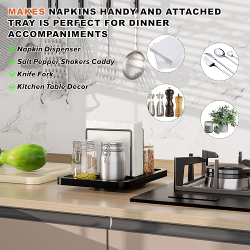 Rotating Napkin Holder for Table with Salt Pepper Shakers Caddy (Black)