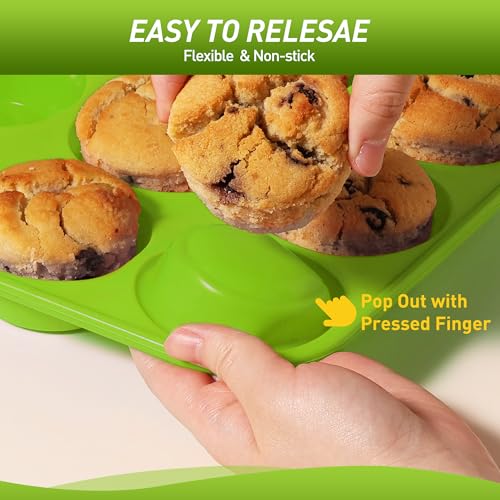 2 Pack 12 Cups Silicone Muffin Pan with Metal Reinforced Frame Regular Size Silicone Molds Cupcake Cake Baking Pans Cookie Baking Chocoflan Cupcake Mold Kitchen Baking Mold Tools for Cooking (2pc: 12-Cup Regular / Green)