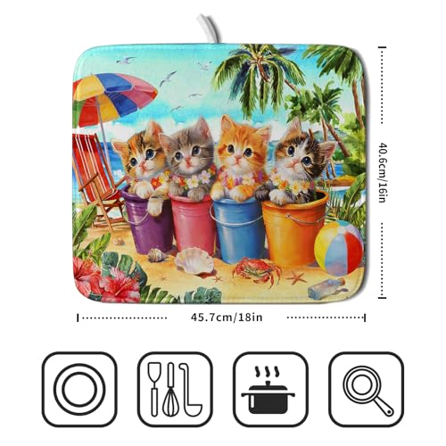 Summer Dish Drying Mat for Kitchen Counter 18 X 16 in Cute Cat Beach (Lovely Cat Blue / 18" x 16")