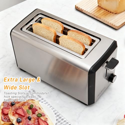 4 Slice Long Slot Stainless Steel Toaster with Extra Wide 1.5” Slots (4 pieces regular style)