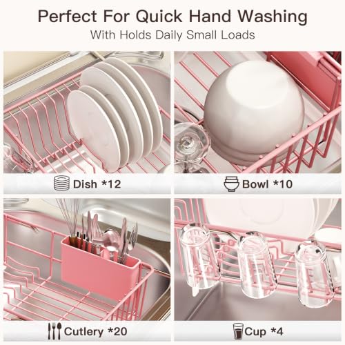 Pink Expandable Dish Drying Rack Over Sink with Extra Drainboard (Pink / For 11.5"-16" W Sink with Cup Holder & Drainboard)