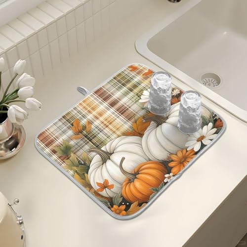 Autumn Fall Thanksgiving Dish Drying Mat for Kitchen Counter Absorbent Microfiber Small Orange White Pumpkin Small Drying Pad Dish Mats for Kitchen Countertops 16 x 18 Inch (Thanksgiving Pumpkins / 18" x 16")