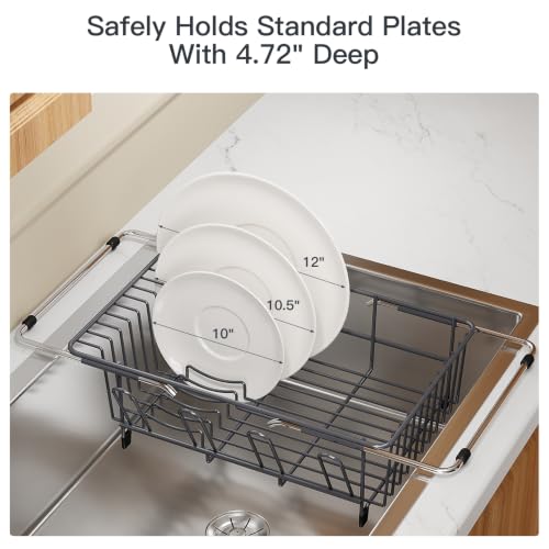 Grey Expandable Dish Drying Rack Over Sink with Extra Drainboard (Gray / For 11.5"-16" W Sink with Cup Holder & Drainboard)