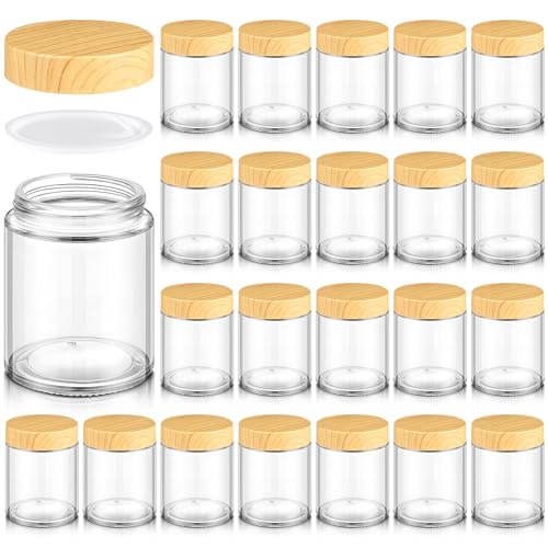 24 Pcs 6oz Glass Jars with Lids Empty Small Glass Containers and Inner Liners Reusable Cosmetic Jars Round Airtight Bottles with Plastic Wood Grain Lids for Travel (Natural Wood / 6 oz)