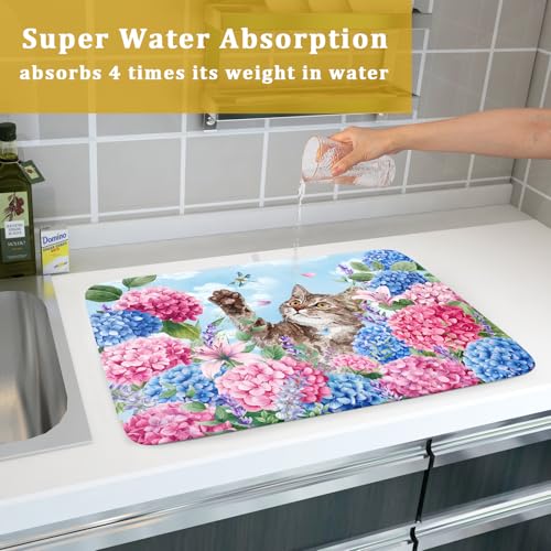 Cute Dish Drying Mats for Kitchen Counter Large 18 X 24 In（Spring Cat Blue） (Colorful Hydrangea Cat / 24" x 18")