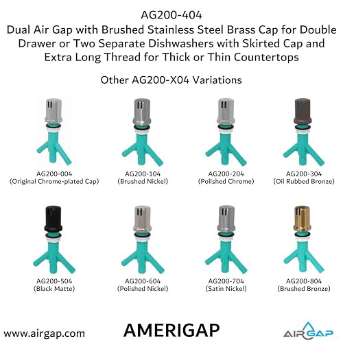 Dual Air Gap with Brushed Stainless Steel Brass Cap for Double Drawer or Two Separate Dishwashers with Skirted Cap and Extra Long Thread for Thick or Thin Countertops (AG200-404)