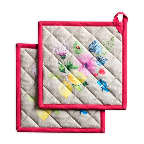 Pot Holders 100% Cotton Potholders (105 - Jardin D'ete - Fog / 8" x 8" (Pot Holder Pack of 2))