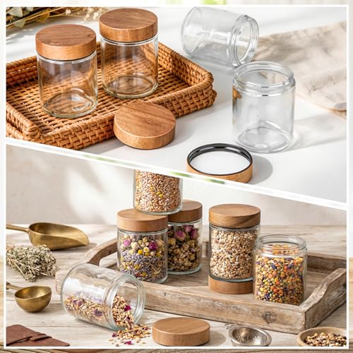 24 Pcs 8oz Glass Jars with Lids Empty Small Glass Containers and Inner Liners Reusable Cosmetic Jars Round Airtight Bottles with Plastic Wood Grain Lids for Travel (Walnut Wood Grain / 8 oz)