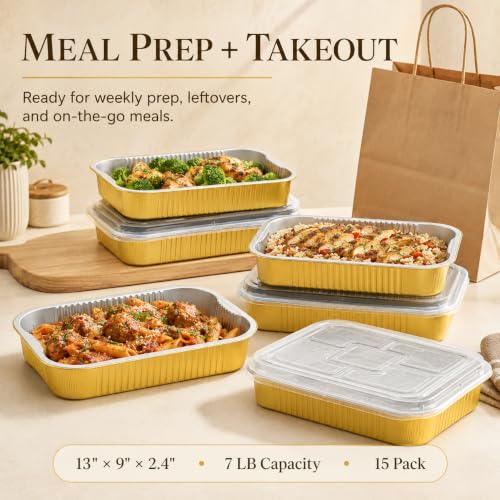 15 Pack Aluminum Pans with Lids Half Size 9x13 Extra Heavy Duty (15 Count)