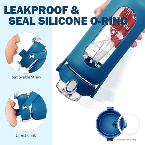 64oz Glass Water Bottles with Straw (Iron Blue / 64 Ounces)