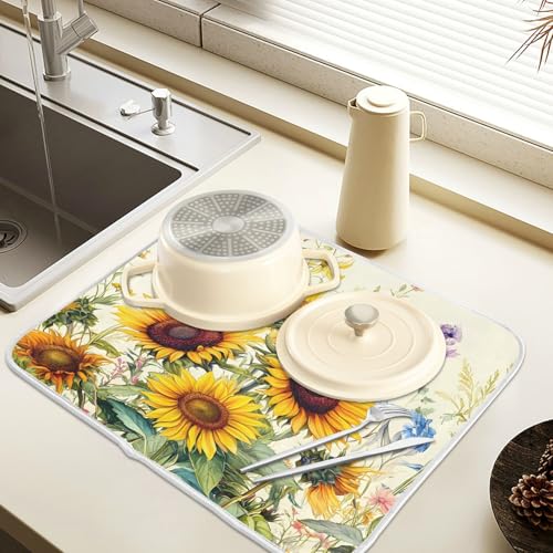 Blooming Sunflowers Dish Drying Mat for Kitchen Counter Absorbent Microfiber Large Drying Pad Dish Mats for Kitchen Countertops 18 x 24 Inch (24" x 18")