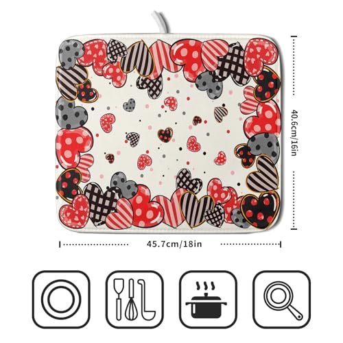 Red Heart Dish Drying Mat 16"x18" Love Dots Microfiber Dish Drainer Rack Mat Holiday Absorbent Fast Dry Pad for Kitchen Counter Home Decor (Heart Dots / 16" x 18")