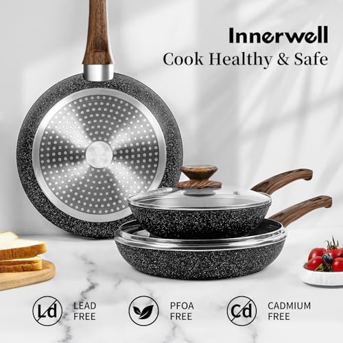 Nonstick Ceramic Frying Pans Skillets Set with Lid 8"+9.5"+11" (Black)