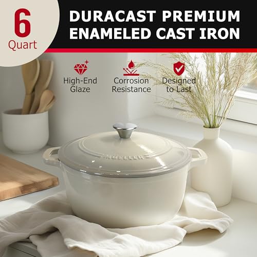 Mueller DuraCast 6QT Enameled Cast Iron Dutch Oven with Lid (6 Quart -Round / Oyster White)