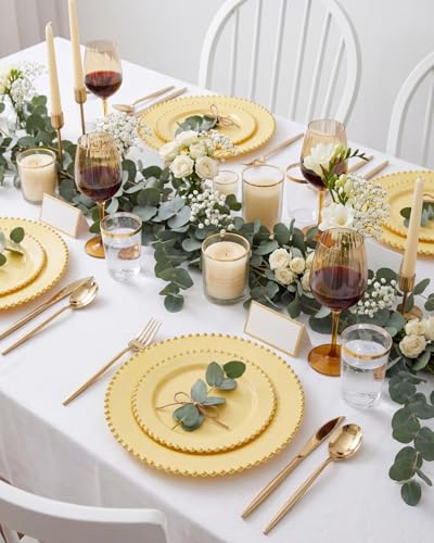 180PCS Yellow Gold Plastic Plates Set for 30 Guests Wedding Party (Yellow and Gold Plastic Dinnerware Set / 180PCS)