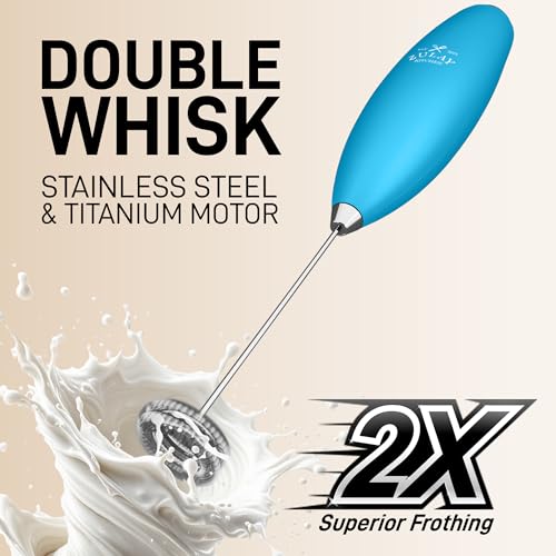 Powerful Milk Frother Wand With Duracell Batteries (Sea Teal / Double Whisk + Batteries)