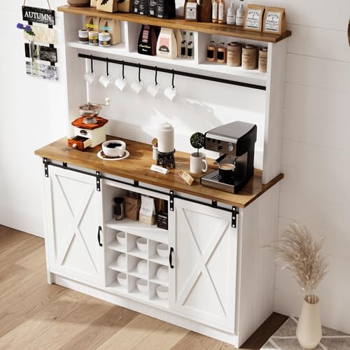 47" Farmhouse Coffee Bar with Storage Hutch & Wine Rack (48Inch / White)