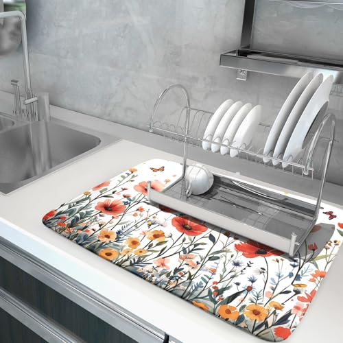 Poppy Flower Dish Drying Mat 18x24 Inch Floral Leaves Dish Drainer Protector Pad Washable Reversible Drying Pad for Kitchen Counter Sink (Poppy Flower / 18 x 24 inch)