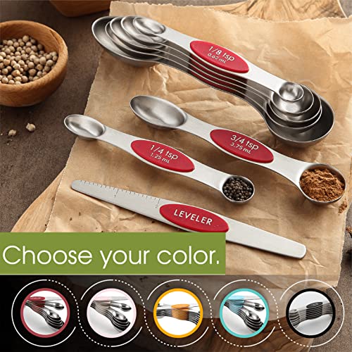 Stainless Steel 8 Magnetic Measuring Spoons Set (Red / 2-Pack)