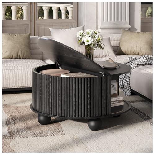 Round Coffee Table with Storage for Living Room (Black)