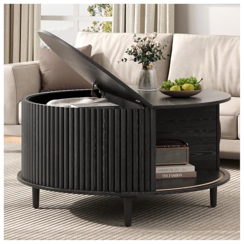 Round Coffee Table with Storage for Living Room (Charcoal Black)