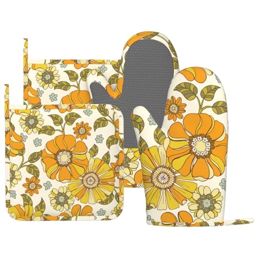 Retro 70s Style Flower Oven Mitts and Pot Holders Sets Silicone Kitchen Mitts Potholders Heat Resistant 4Pcs Oven Gloves Hot Pads for Kitchen Baking Cooking BBQ Grilling (Plant Flower)
