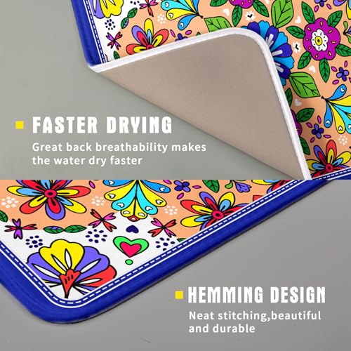 Mexican Talavera Dish Drying Mat Navy Blue Microfiber Dish Drain Pad for Kitchen Decor (Mexican Talavera Blue / 18" x 16")