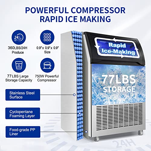 Commercial Ice Maker Machine 360LBS (Clear Ice Cubes - 360LBS/24H (8-15Mins))