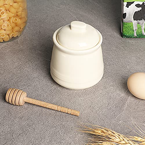 Porcelain Honey Jar with Lid and Honey Dipper (Beige)