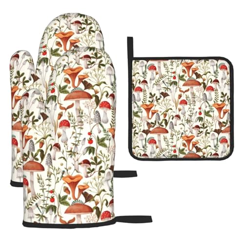 Boho Mushroom Decor Oven Mitts and Pot Holders Sets of 3 Hot Pads (3 Count)