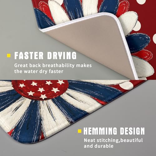 Patriotic Dish Drying Mat 16 x18 In Red and Blue Daisy Microfiber Kitchen Draining Mat for Countertops (Patriotic Floral Red / 18" x 16")