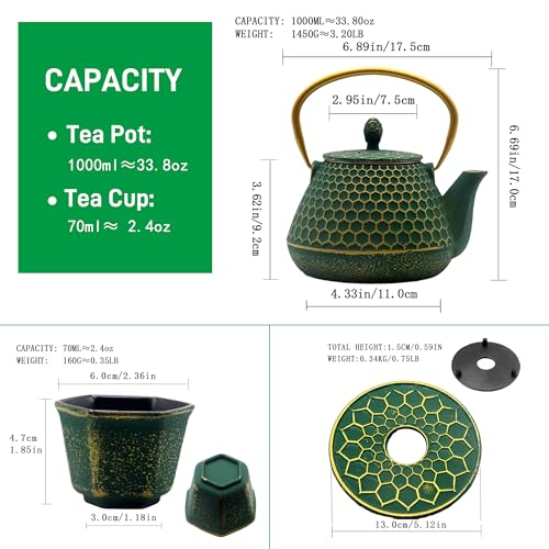 Cast Iron Teapot and Cups Set (Dark Green Hexagon Pattern, 1000ml/34oz with Cups)