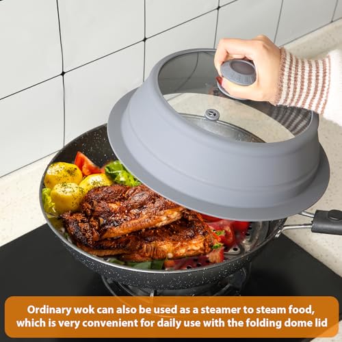 Collapsible Microwave Splatter Lid with Vented Tempered Glass Cover Wok Lid for Microwave Safe (10.5-11 inch / Grey)