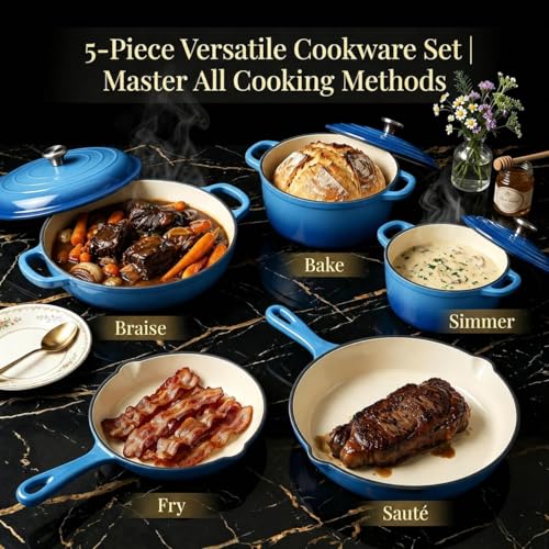 5 Piece Cobalt Blue Enameled Cast Iron Cookware Set (Blue E)