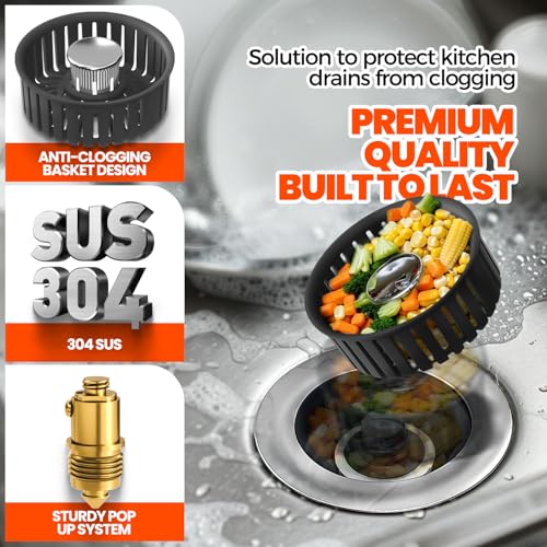 3 in 1 Kitchen Sink Drain Strainer Stopper Basket Pop Up Black (2pack / Black)