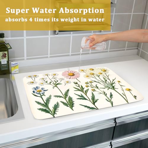 Wild Flowers Dish Drying Pad Reversible Microfiber Dish Mat Floral Drainer Rack Coffee Bar 18 X 24 Inch (Blossom Daisy 1104 / 24" x 18")