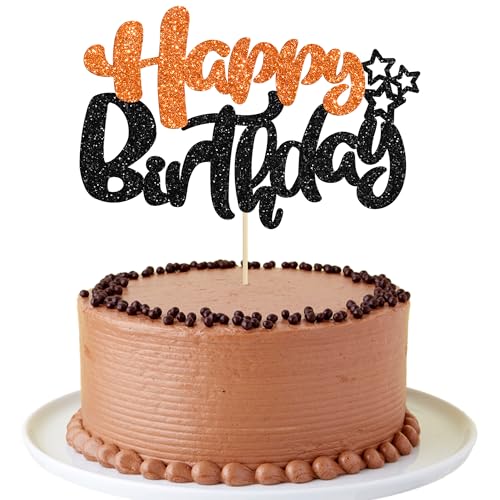 1Pcs Happy Birthday Cake Topper Glitter Happy Birthday Cake Pick for Halloween Baby Shower Theme Anniversary Party Cake Decorations Supplies Black Orange (Style 2 / Black Orange)