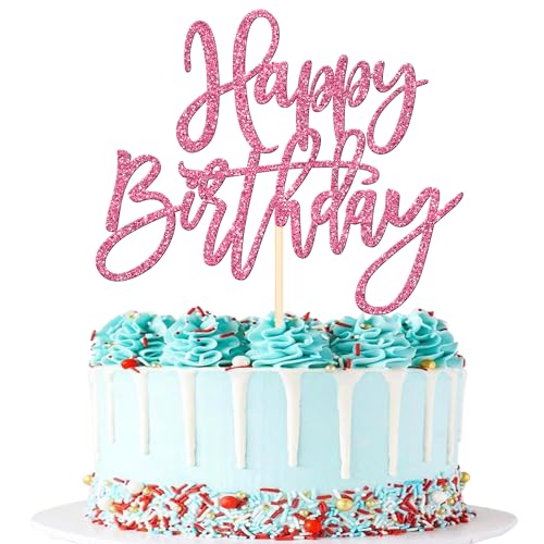1 PCS Happy Birthday Cake Topper Glitter Happy Birthday Cake Pick for Celebrating Happy Birthday Anniversary Theme Party Cake Decorations Supplies Pink