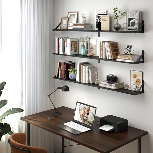 48 Inch Large Wall Bookshelves Set of 3 (Black / 47.24"W x 5.9"D x 5.4"H,Set of 3)